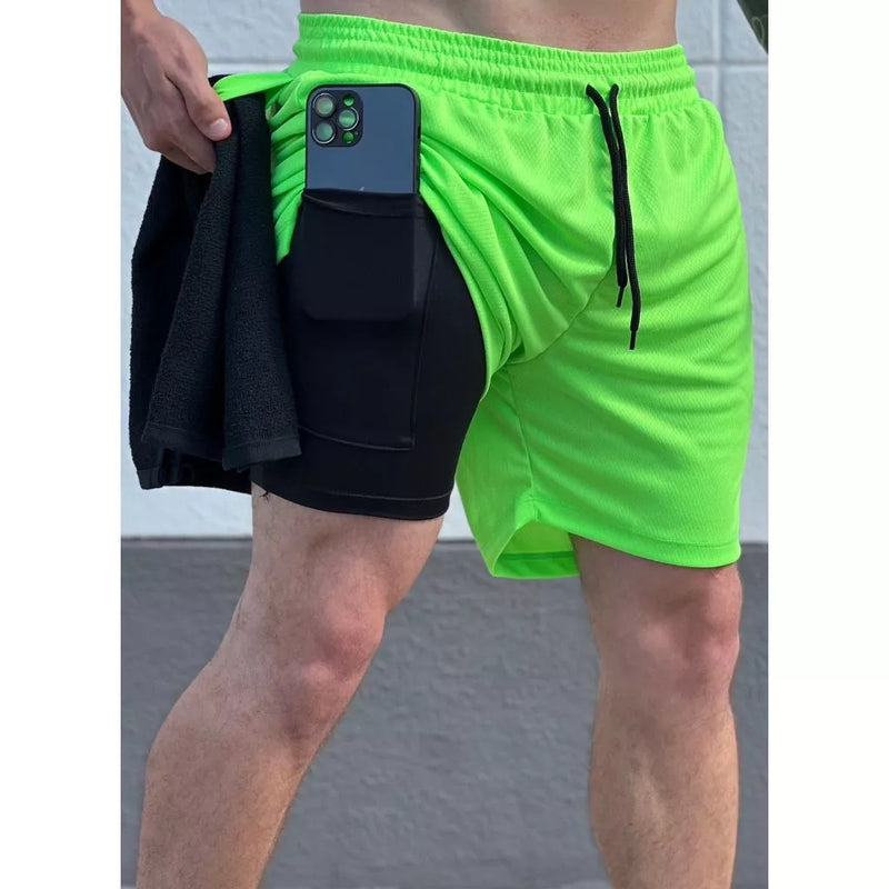 Bermuda Elastano Short Dry Fit 2 em 1 Academia Masculina Treino Corrida